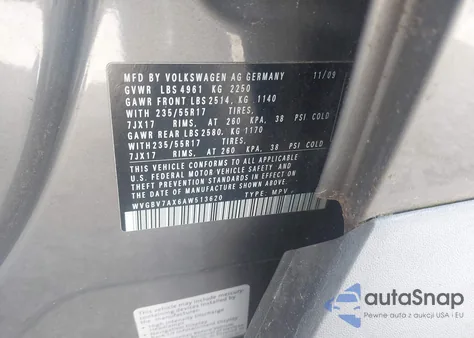 2010 Volkswagen Tiguan Wolfsburg Edition z USA, uszkodzony, nr VIN WVGBV7AX6AW513620